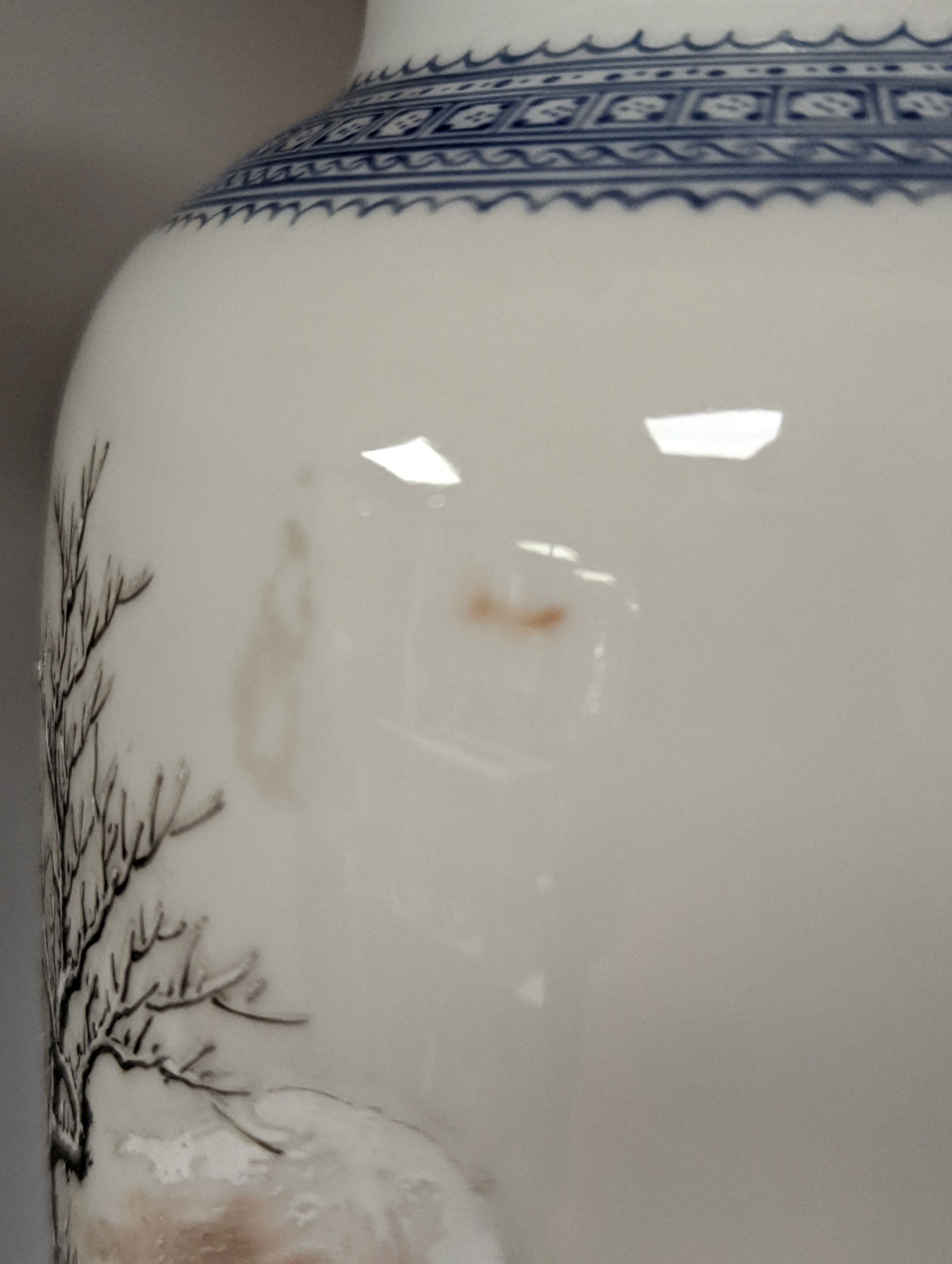 A mid 20th century Chinese enamelled porcelain winter landscape vase - 26cm tall including stand